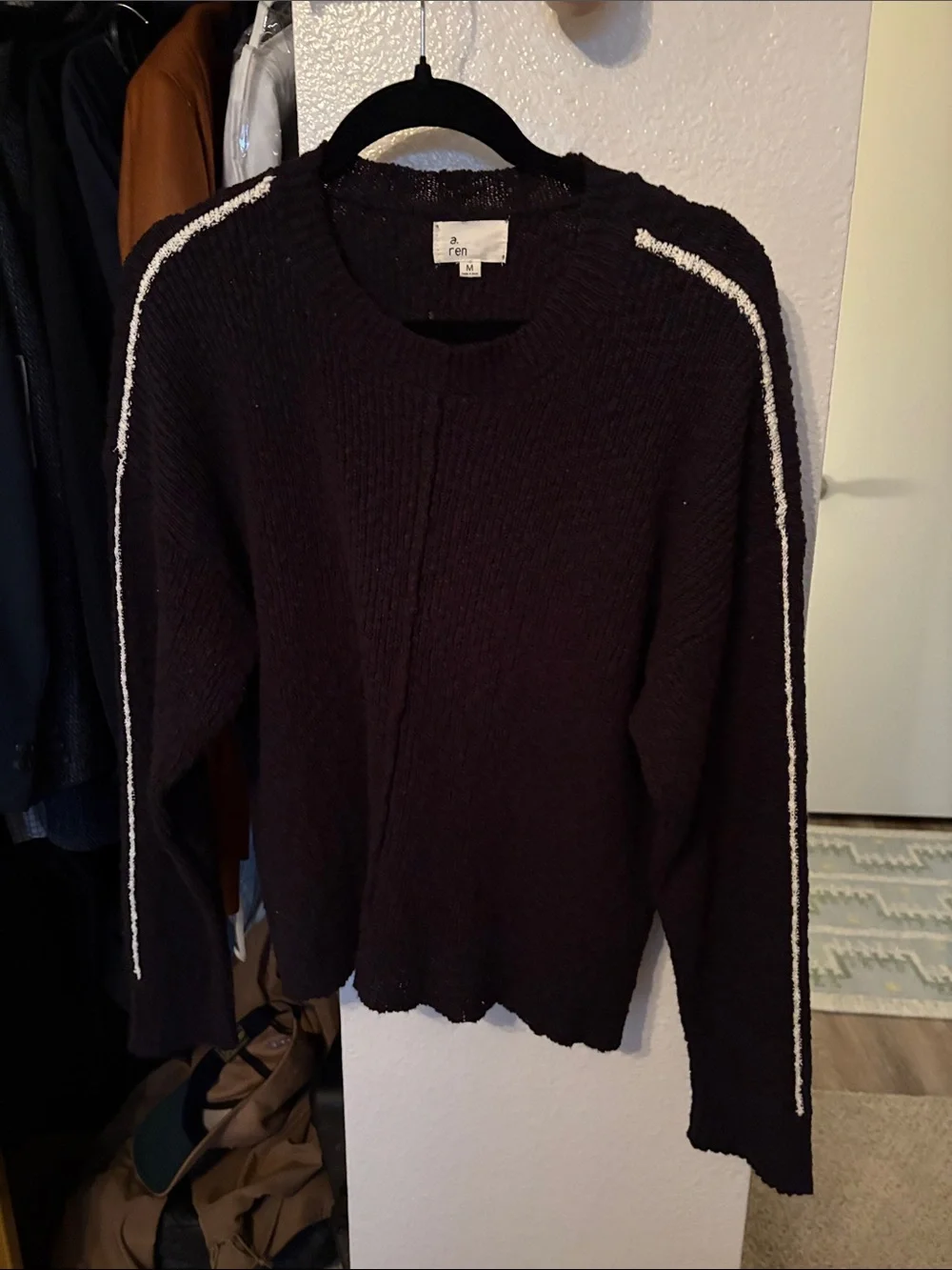 Women's Black Crewneck Sweater with White Shoulder Stripes - Picture 1 of 2